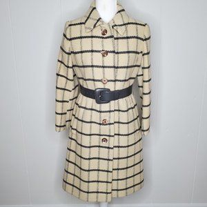 VTG Lilli Ann Paris SF 60's Collard White & Gray Plaid Coat Button Up Belt Small